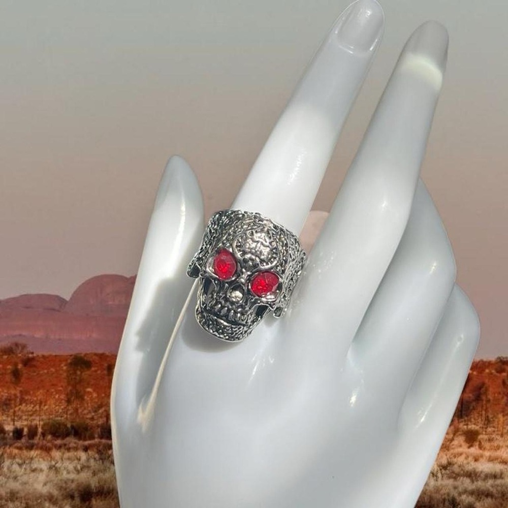 Silver Skull Ring with Red Stone Eyes - Gothic Statement Ring